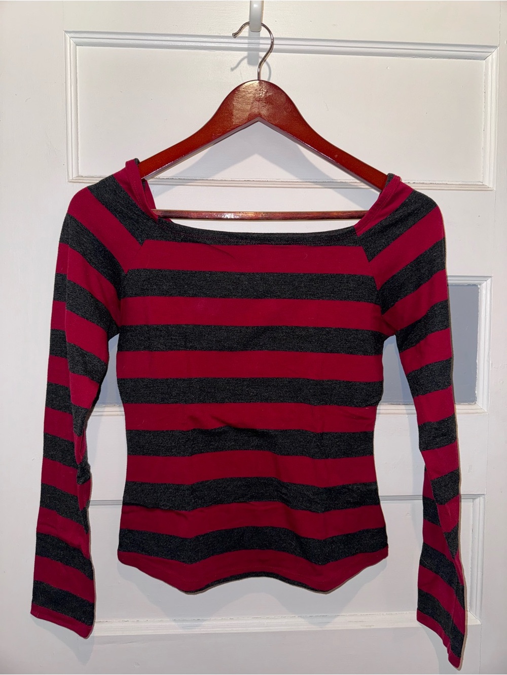 Energie Red & Black Striped Off-Shoulder Long Sleeve Top